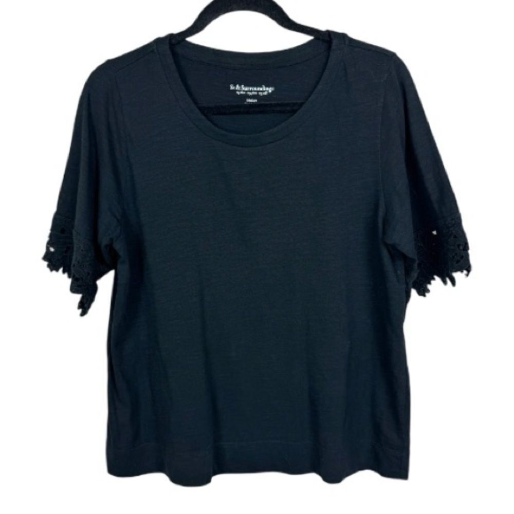 Soft Surroundings Black Short Lace detail sleeve top sz M